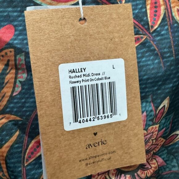 NWT Averie Halley Ruched Midi Dress Flowery Print on Cobalt Blue - Picture 5 of 5